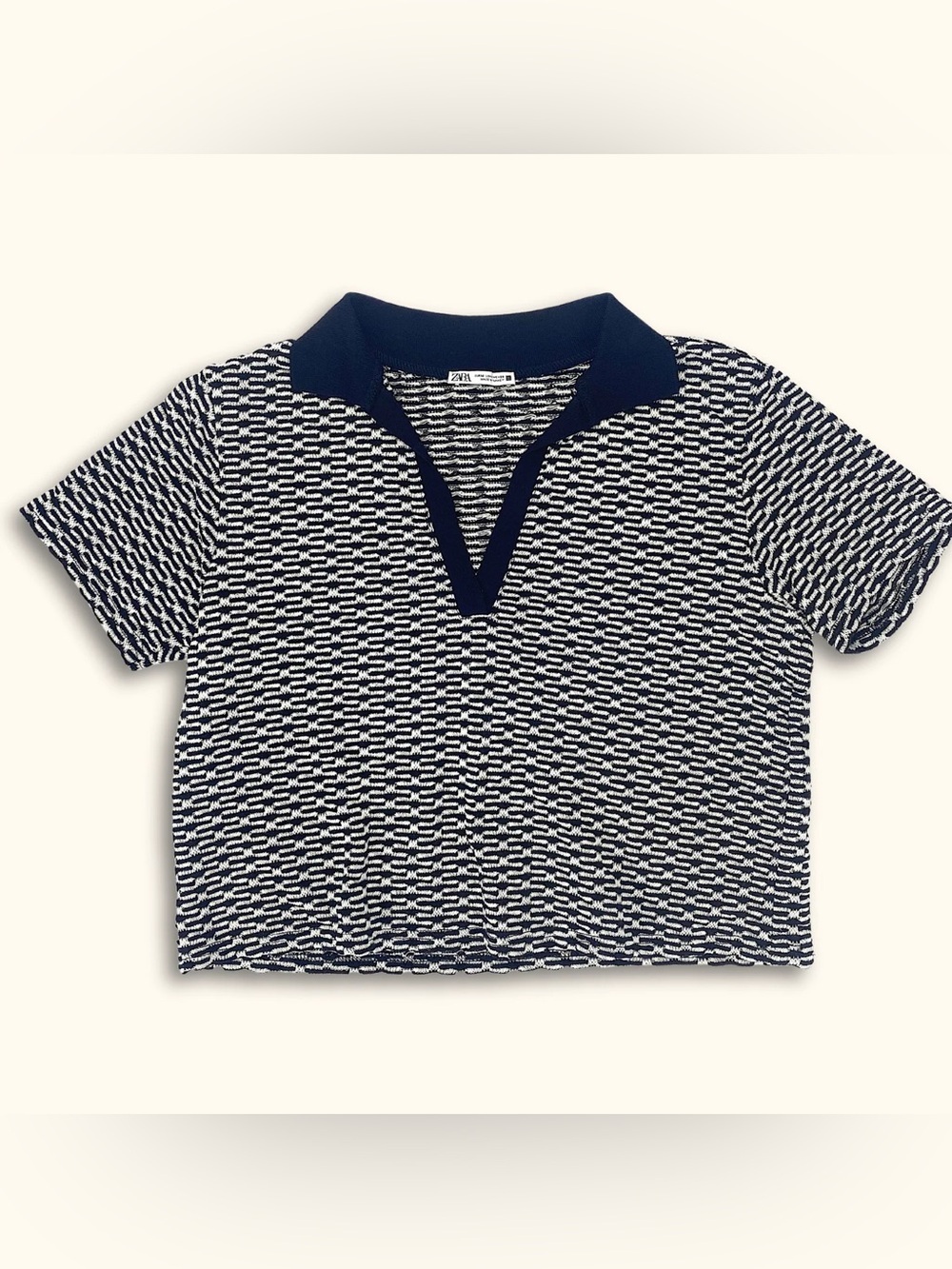 Zara Navy Blue & White patterned jacquard knitted polo shirt medium